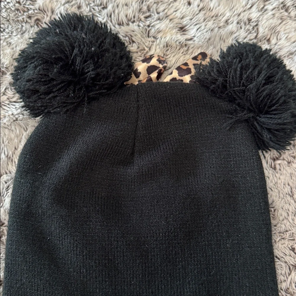 Disney Minnie Mouse Girls Kids Beanie Hat Pom Pom Ears With Leppard Bow Cute
